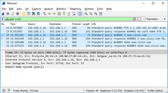 Captura de pantalla de la captura de paquetes de Wireshark DNS