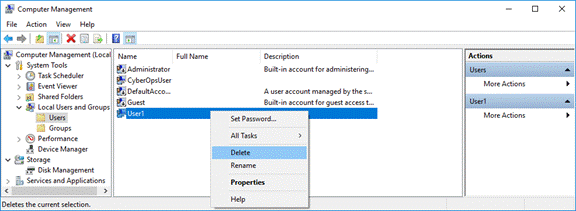 Captura de pantalla que muestra usuarios locales y grupos con User1 resaltado y eliminado seleccionado.