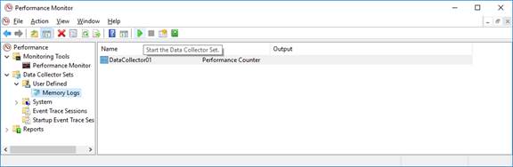 Captura de pantalla de los registros de memoria del Monitor de rendimiento seleccionados y de la flecha Iniciar el conjunto de recopiladores de datos.